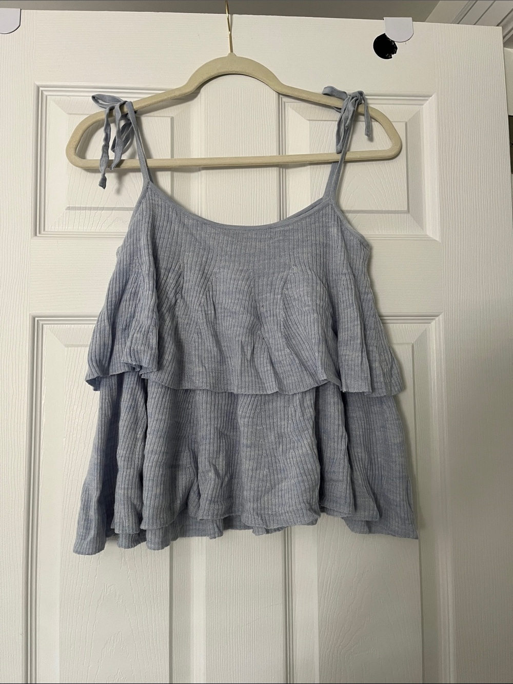 J. Crew Light Blue Ribbed Tie-Shoulder Ruffle Camisole